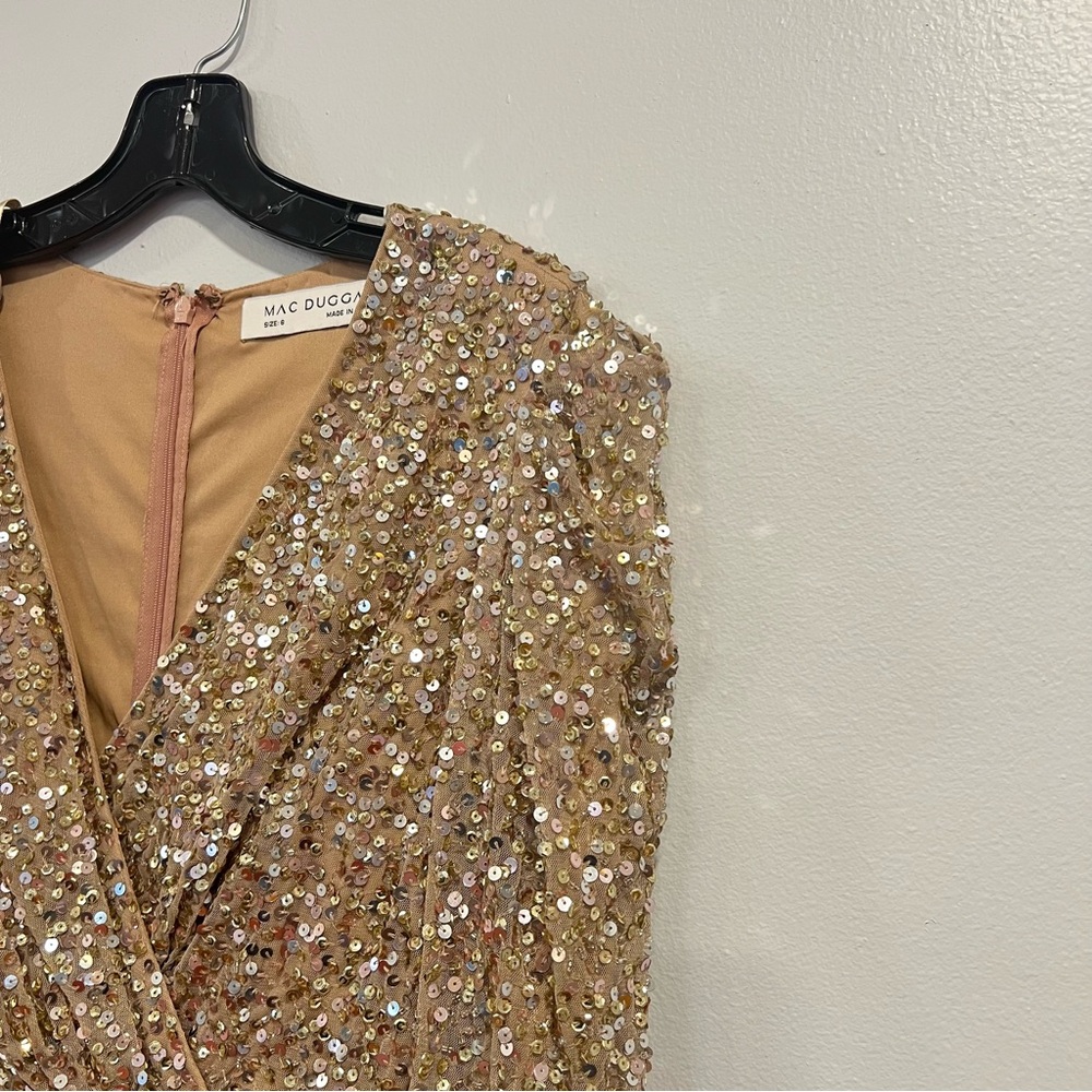 Mac Duggal Shimmering Gold Sequined Puff Shoulder Surplice Evening Gown -Reemoly - Picture 8 of 16